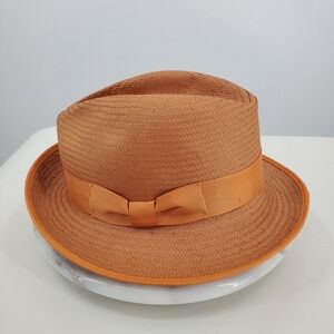 Bigalli Mens Orange Coral Toyo Straw Fedora Hat Made in Ecuador Large Dapper